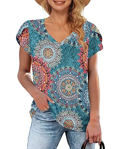 WNEEDU Tshirt Damen Sommer V Ausschnitt Ausgefallene Top Kurzarm Oberteile Grün drucken S von WNEEDU