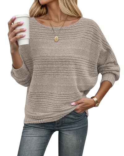 WNEEDU Strickpullover Damen Herbst Dünne Fledermausärmel Geripptes Pullover Langarm Schiffskragen Locker Pulli Sweater Langarmshirt Sweatshirt Kuschlig Weich Lässig Khaki 2XL von WNEEDU