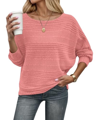WNEEDU Strickpullover Damen Herbst Dünne Fledermausärmel Geripptes Pullover Langarm Schiffskragen Locker Pulli Sweater Langarmshirt Sweatshirt Kuschlig Weich Lässig Rosa L von WNEEDU