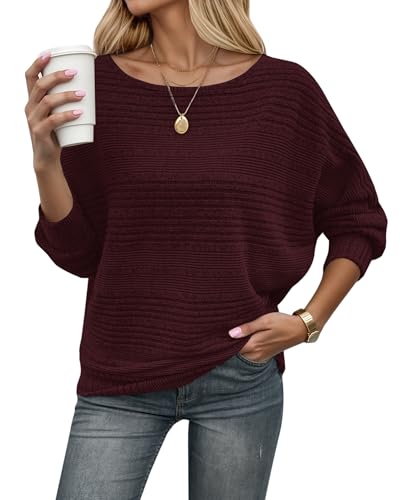 WNEEDU Strickpullover Damen Herbst Dünne Fledermausärmel Geripptes Pullover Langarm Schiffskragen Locker Pulli Sweater Langarmshirt Sweatshirt Kuschlig Weich Lässig Weinrot L von WNEEDU