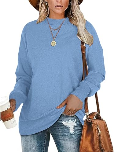 WNEEDU Sweatshirt Damen Ohne Kapuze Basic Langarmshirt Pullover Herbst Winter Rundhals Longsleeve Top Damen Hellblau L von WNEEDU