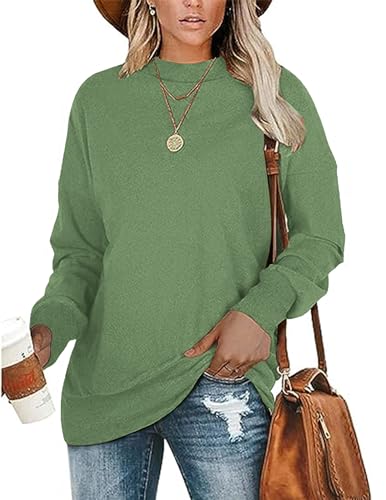 WNEEDU Sweatshirt Damen Ohne Kapuze Basic Langarmshirt Pullover Herbst Winter Rundhals Longsleeve Top Damen Grün XL von WNEEDU