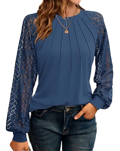 WNEEDU Sweatshirt Damen Pullover Herbst Langarmshirt Oberteile Tops T-Shirts Elegante Langarm Spitzen Lässig Bluse Frühling und Herbst Tops von WNEEDU