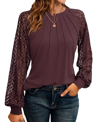 WNEEDU Sweatshirt Damen Pullover Herbst Langarmshirt Oberteile Tops T-Shirts Elegante Langarm Spitzen Lässig Bluse Frühling und Herbst Tops von WNEEDU