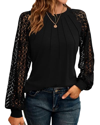 WNEEDU Sweatshirt Damen Pullover Herbst Langarmshirt Oberteile Tops T-Shirts Elegante Langarm Spitzen Lässig Bluse Frühling und Herbst Tops von WNEEDU
