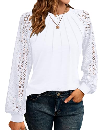 WNEEDU Sweatshirt Damen Pullover Herbst Langarmshirt Oberteile Tops T-Shirts Elegante Langarm Spitzen Lässig Bluse Frühling und Herbst Tops von WNEEDU