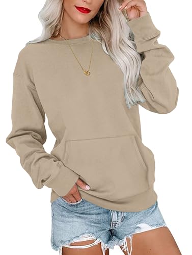 WNEEDU Sweatshirt Damen Rundhalsausschnitt Langarmshirts Herbstoutfits Lässig Bluse Damen mit Känguru Tasche Beige M von WNEEDU