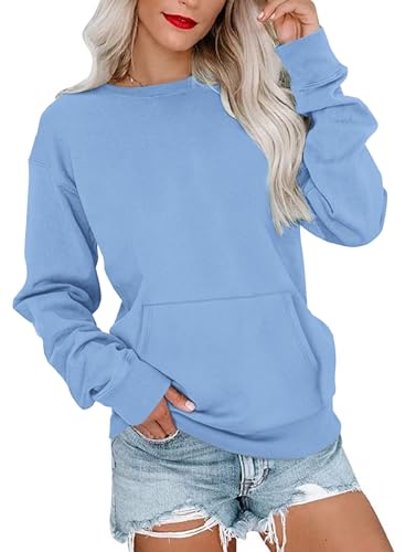 WNEEDU Sweatshirt Damen Rundhalsausschnitt Langarmshirts Herbstoutfits Lässig Bluse Damen mit Känguru Tasche Blau L von WNEEDU