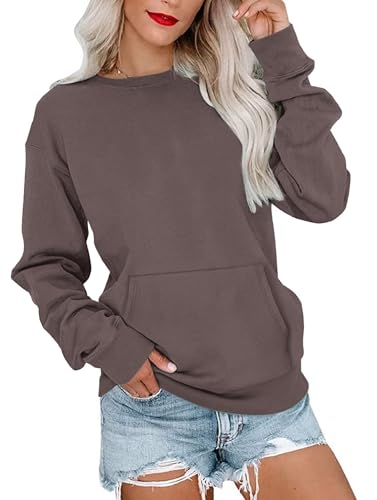 WNEEDU Sweatshirt Damen Rundhalsausschnitt Langarmshirts Herbstoutfits Lässig Bluse Damen mit Känguru Tasche Dunkelbraun L von WNEEDU