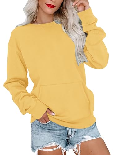 WNEEDU Sweatshirt Damen Rundhalsausschnitt Langarmshirts Herbstoutfits Lässig Bluse Damen mit Känguru Tasche Gelb S von WNEEDU