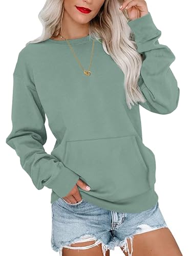 WNEEDU Sweatshirt Damen Rundhalsausschnitt Langarmshirts Herbstoutfits Lässig Bluse Damen mit Känguru Tasche Grün 2XL von WNEEDU