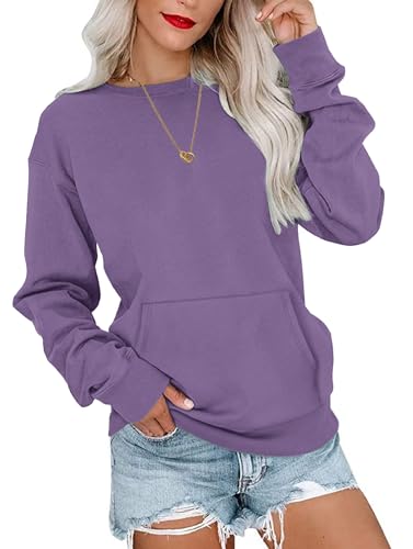 WNEEDU Sweatshirt Damen Rundhalsausschnitt Langarmshirts Herbstoutfits Lässig Bluse Damen mit Känguru Tasche Lila S von WNEEDU