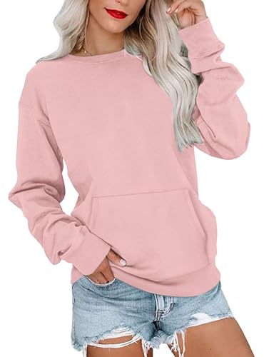 WNEEDU Sweatshirt Damen Rundhalsausschnitt Langarmshirts Herbstoutfits Lässig Bluse Damen mit Känguru Tasche Rosa M von WNEEDU