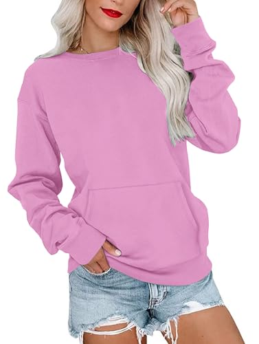 WNEEDU Sweatshirt Damen Rundhalsausschnitt Langarmshirts Herbstoutfits Lässig Bluse Damen mit Känguru Tasche Rose L von WNEEDU
