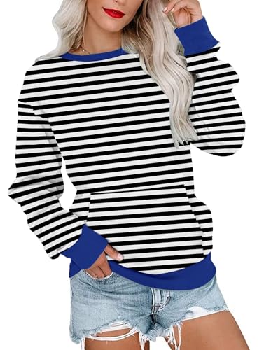 WNEEDU Sweatshirt Damen Rundhalsausschnitt Langarmshirts Herbstoutfits Lässig Bluse Damen mit Känguru Tasche Strisce Bianche e Nere XL von WNEEDU