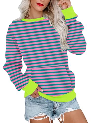 WNEEDU Sweatshirt Damen Rundhalsausschnitt Langarmshirts Herbstoutfits Lässig Bluse Damen mit Känguru Tasche Strisce Verde rosa XL von WNEEDU