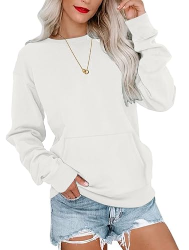 WNEEDU Sweatshirt Damen Rundhalsausschnitt Langarmshirts Herbstoutfits Lässig Bluse Damen mit Känguru Tasche Weiß S von WNEEDU