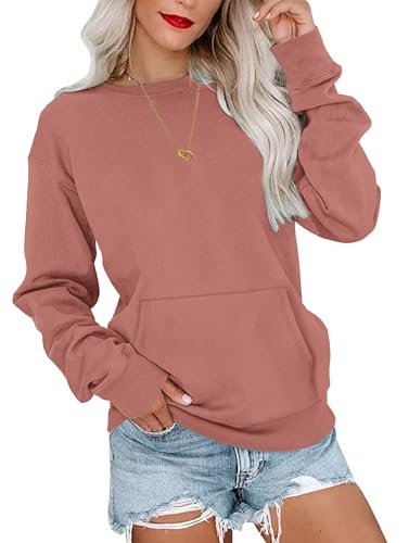 WNEEDU Sweatshirt Damen Rundhalsausschnitt Langarmshirts Herbstoutfits Lässig Bluse Damen mit Känguru Tasche Orange Pink L von WNEEDU