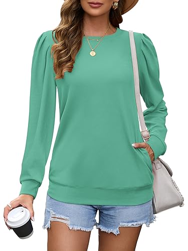 WNEEDU Sweatshirt Damen Rundhalsausschnitt Oberteile Puffschulter Langarmshirts Pullover mit Taschen Blau Grün XXL von WNEEDU