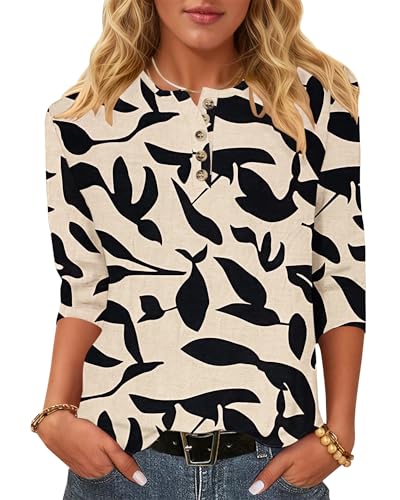 WNEEDU T-Shirt Damen 3/4 Arm Bluse - Henley Shirt Rundhals Tshirt Leichte Pullover Lässig Tops Basic Ganzjahres Oberteile mit Knöpfe Aprikose-Schwarz-Blattmuster XL von WNEEDU