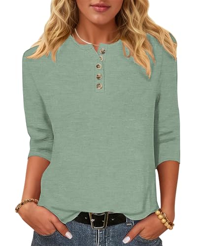 WNEEDU T-Shirt Damen 3/4 Arm Bluse - Henley Shirt Rundhals Tshirt Leichte Pullover Lässig Tops Basic Ganzjahres Oberteile mit Knöpfe Grün XXL von WNEEDU