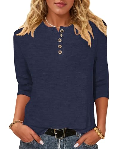 WNEEDU T-Shirt Damen 3/4 Arm Bluse - Henley Shirt Rundhals Tshirt Leichte Pullover Lässig Tops Basic Ganzjahres Oberteile mit Knöpfe Marineblau M von WNEEDU