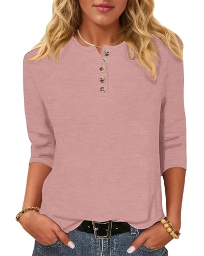 WNEEDU T-Shirt Damen 3/4 Arm Bluse - Henley Shirt Rundhals Tshirt Leichte Pullover Lässig Tops Basic Ganzjahres Oberteile mit Knöpfe Pink XXL von WNEEDU