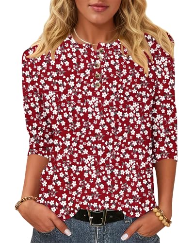 WNEEDU T-Shirt Damen 3/4 Arm Bluse - Henley Shirt Rundhals Tshirt Leichte Pullover Lässig Tops Basic Ganzjahres Oberteile mit Knöpfe Rote Blume XL von WNEEDU