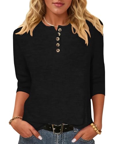 WNEEDU T-Shirt Damen 3/4 Arm Bluse - Henley Shirt Rundhals Tshirt Leichte Pullover Lässig Tops Basic Ganzjahres Oberteile mit Knöpfe Schwarz XXL von WNEEDU