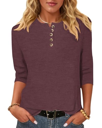 WNEEDU T-Shirt Damen 3/4 Arm Bluse - Henley Shirt Rundhals Tshirt Leichte Pullover Lässig Tops Basic Ganzjahres Oberteile mit Knöpfe Weinrot L von WNEEDU