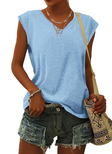 WNEEDU T Shirt Damen Flügelärmel Top Damen Sommer Bluse Oberteile Leicht Lässig Himmelblau S von WNEEDU