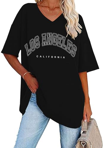 WNEEDU T-Shirt Damen Sommer Oversize Shirt Kurzarm V Ausschnitt Oberteile lässiges Top Schwarz Los Angeles M WNEEDU T-Shirt Damen Sommer Oversize Shirt Kurzarm V Ausschnitt Oberteile lässiges Top Schwarz Los Angeles M von WNEEDU