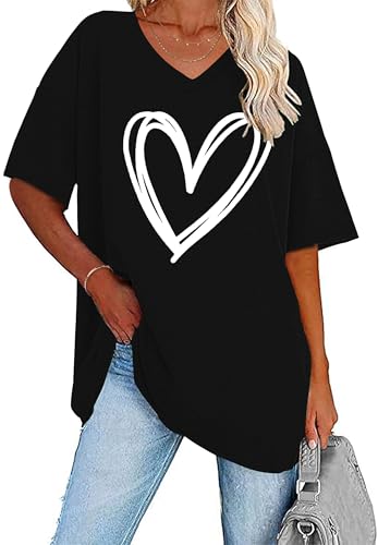 WNEEDU T-Shirt Damen Sommer Oversize Shirt Kurzarm V Ausschnitt Oberteile lässiges Top Schwarz Weiße Liebe M WNEEDU T-Shirt Damen Sommer Oversize Shirt Kurzarm V Ausschnitt Oberteile lässiges Top Schwarz Weiße Liebe M von WNEEDU