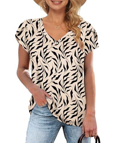WNEEDU T-Shirt Damen Sommer V Ausschnitt Kurzarm T Shirts Tops Basic Oberteile Aprikose Black Leaf M von WNEEDU