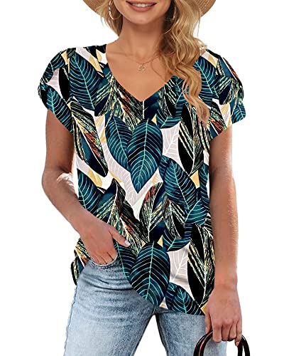 WNEEDU T-Shirt Damen Sommer V Ausschnitt Kurzarm T Shirts Tops Basic Oberteile Blattdruck XL von WNEEDU