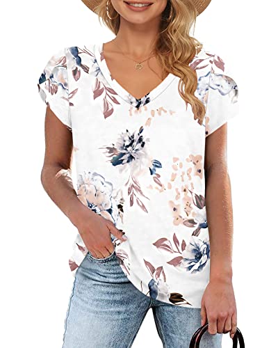 WNEEDU T-Shirt Damen Sommer V Ausschnitt Kurzarm T Shirts Tops Basic Oberteile Blumen Weiß M von WNEEDU