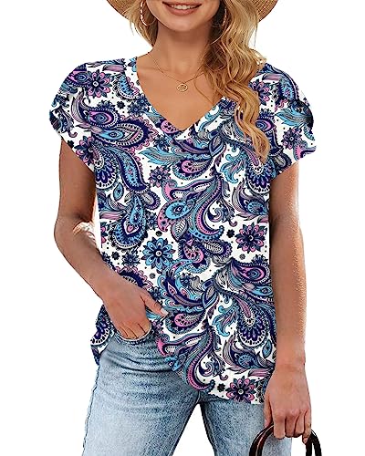 WNEEDU T-Shirt Damen Sommer V Ausschnitt Kurzarm T Shirts Tops Basic Oberteile Boho Rosa Blau M von WNEEDU