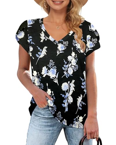 WNEEDU T-Shirt Damen Sommer V Ausschnitt Kurzarm T Shirts Tops Basic Oberteile Floral Schwarz Blau M von WNEEDU