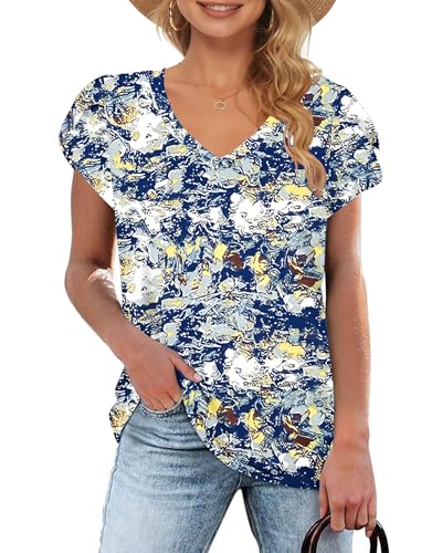 WNEEDU T-Shirt Damen Sommer V Ausschnitt Kurzarm T Shirts Tops Basic Oberteile Ölgemälde Blau Weiß L von WNEEDU