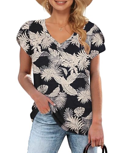WNEEDU T-Shirt Damen Sommer V Ausschnitt Kurzarm T Shirts Tops Basic Oberteile Regenwald Blatt L von WNEEDU