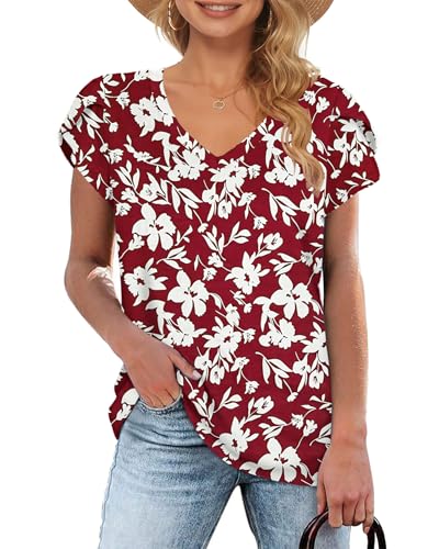 WNEEDU T-Shirt Damen Sommer V Ausschnitt Kurzarm T Shirts Tops Basic Oberteile Rot Weiße Blume S von WNEEDU