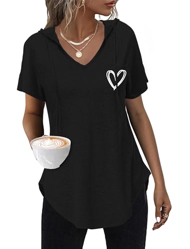 WNEEDU T-Shirt Damen Sommer mit Kapuze Kurzarm Kapuzenpullover Hoodie V Ausschnitt Top Damen Sommer-Shirt Oberteile Schwarz Weiß Liebe XXL WNEEDU T-Shirt Damen Sommer mit Kapuze Kurzarm Kapuzenpullover Hoodie V Ausschnitt Top Damen Sommer-Shirt Oberteile Schwarz Weiß Liebe XXL von WNEEDU
