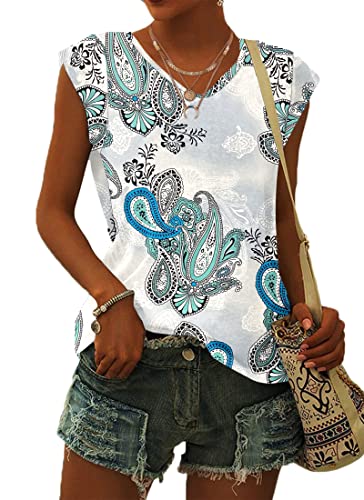 WNEEDU T Shirt Damen V Ausschnitt Cap Sleeve T-Shirt Tank Top Damen Sommer Casual Loose Fit Blusen Blumen Weiß Grün XL von WNEEDU