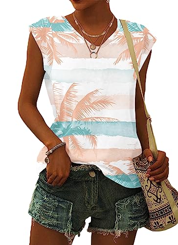 WNEEDU T Shirt Damen V Ausschnitt Cap Sleeve T-Shirt Tank Top Damen Sommer Casual Loose Fit Blusen Kokosbaum XL von WNEEDU