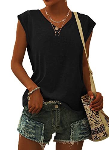 WNEEDU T Shirt Damen V Ausschnitt Cap Sleeve T-Shirt Tank Top Damen Sommer Casual Loose Fit Blusen Schwarz XL von WNEEDU