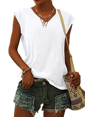 WNEEDU T Shirt Damen V Ausschnitt Cap Sleeve T-Shirt Tank Top Weiß Damen Sommer Casual Loose Fit Blusen XL von WNEEDU