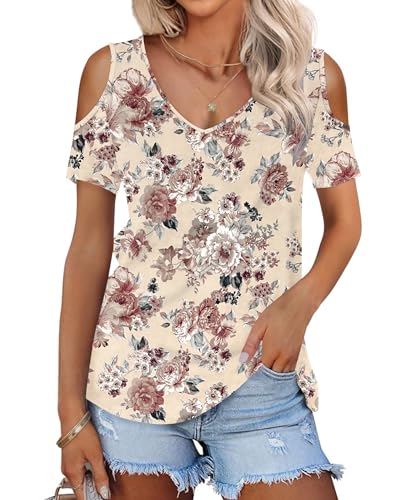 WNEEDU T-Shirt Damen V Ausschnitt Kurzarm Top Sommer Schulterfreies Oberteil Elegant 2024 Aprikosen-Tintenblume 2XL von WNEEDU