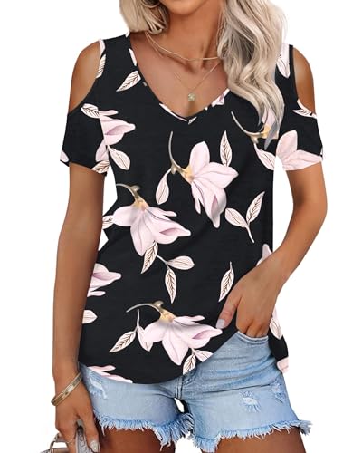 WNEEDU T-Shirt Damen V Ausschnitt Kurzarm Top Sommer Schulterfreies Oberteil Elegant 2024 Winde M von WNEEDU