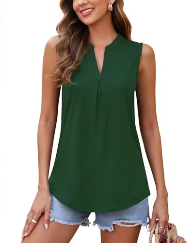 WNEEDU Tank Top Damen Sommer - Ärmellose Bluse Elegant V-Ausschnitt Lässiges Oberteil Tanktop Trägershirt für Frauen Lang(Dark Green,M) von WNEEDU