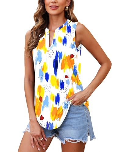 WNEEDU Tank Top Damen Ärmellos V-Ausschnitt Bluse Elegant Tanktop Lang Sommer Trägershirt für Frauen(Multicolored Block,L) von WNEEDU